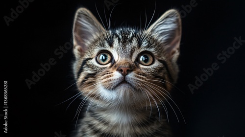 Portrait of curious kitten looking up on black background