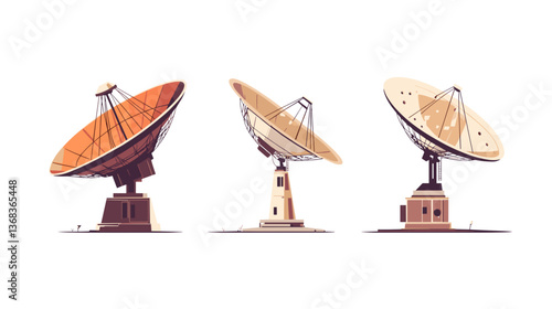 Modern illustration of satellite dishes designed in a minimalist style showcasing different structures in a futuristic setting