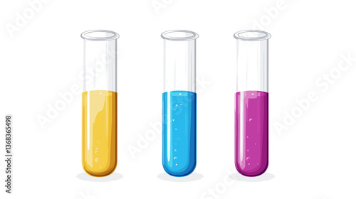 Set of three test tubes filled with vibrant colored liquids representing a modern scientific illustration with distinct colors