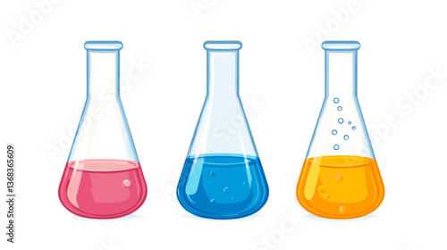 Set of colorful laboratory flasks displaying vibrant liquids in a modern illustration style
