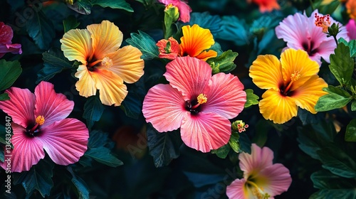 Colorful hibiscus flowers blooming in tropical garden