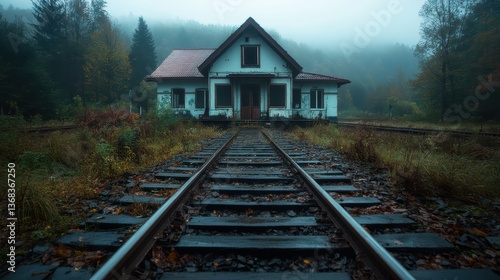 Wallpaper Mural This image portrays a hauntingly deserted white railway station enveloped in fog, with overgrown plants hinting at nature's reclamation of human spaces. Torontodigital.ca