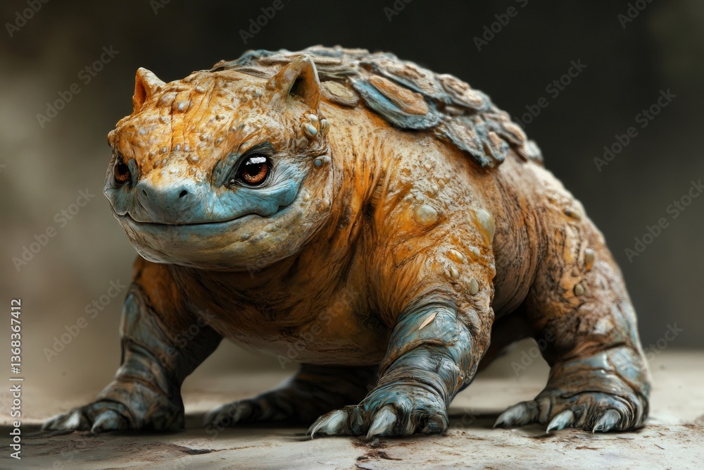 Obraz premium Alien pet resembling a mix between a bear and a lizard stands on a rock, showcasing its unique features and textures