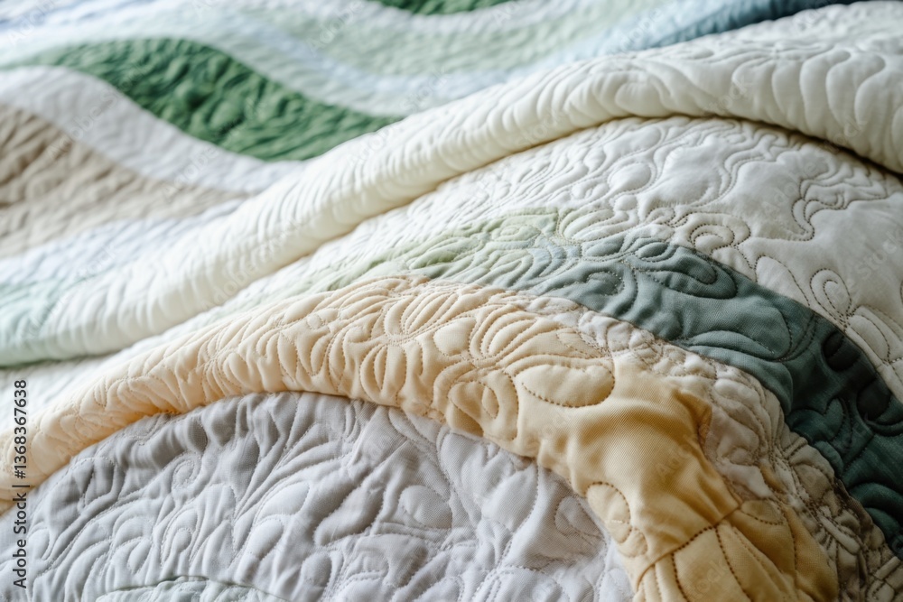Obraz premium Softly textured quilt with elegant swirls in a serene color palette on a bed
