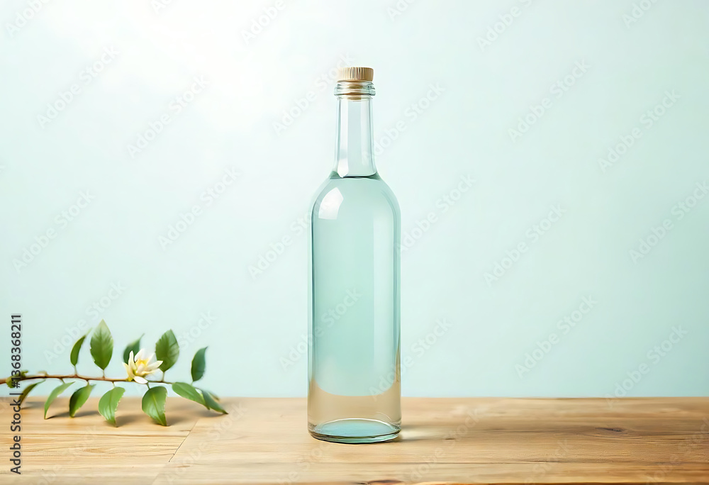 Obraz premium Glass Bottle of clear liquid standing upright on wooden surface