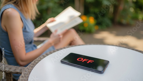 Digital detox in action: close-up of phone displaying 'OFF', ignored for reading a book in a garden. Promotes intentional living and screen-free relaxation