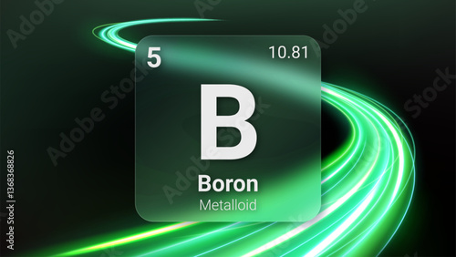 Boron (B) (005) Metalloid, Glass Morphism Element Futuristic Neon Light Glow Background Periodic Table, Chemical Symbol, Name, Atomic Mass, Atomic Number, Vector Illustration