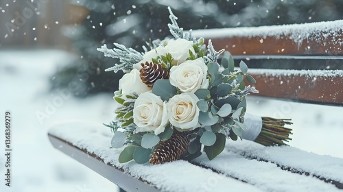 Winter Bridal Bouquet with White Roses and Pinecones