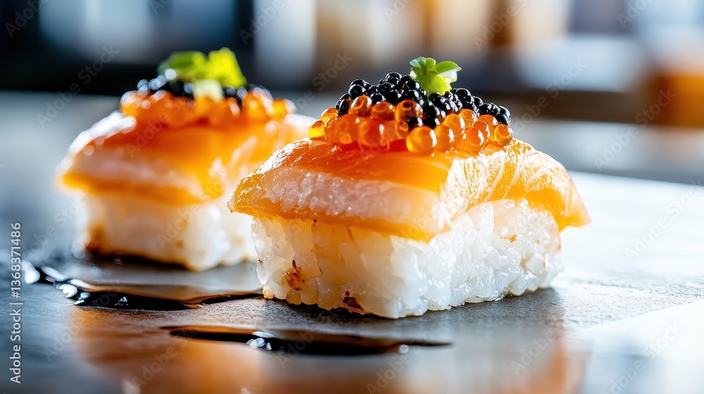 A delightful arrangement of premium salmon sushi topped with caviar and sprouts on a sleek surface, showcasing the beauty and intricacy of sushi craftsmanship. A delightful arrangement of premium salmon sushi topped with caviar and sprouts on a sleek surface, showcasing the beauty and intricacy of sushi craftsmanship.