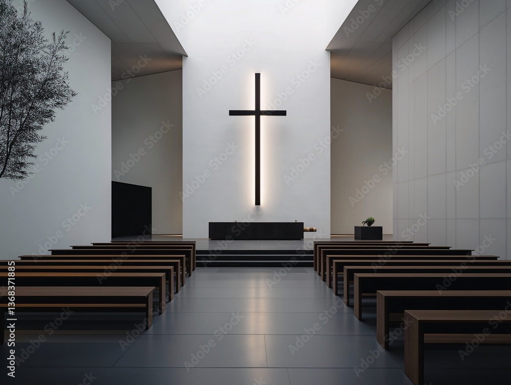 Naklejka premium Minimalist chapel interior with rows of pews and a central cross.