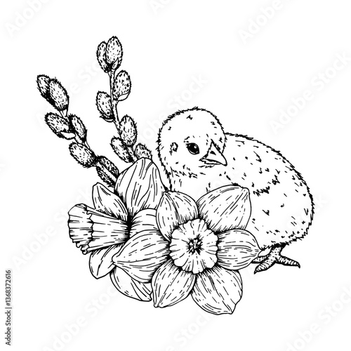 Vector illustration of an Easter chick with blooming narcissus flowers and pussy willow branches. Black and white hand drawn ink artwork, perfect for spring holiday designs, prints and crafts.