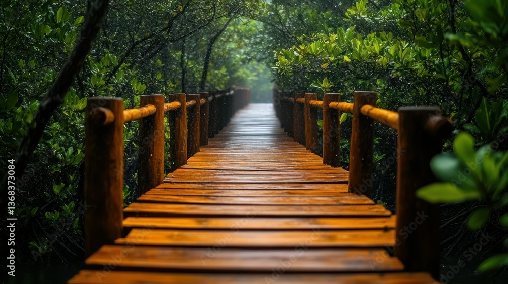 Obraz premium Wooden boardwalk through lush rainforest