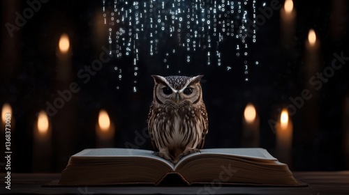 A wise owl perched on an open book with streams of binary code floating above, symbolizing the intersection of wisdom, education, and technology.