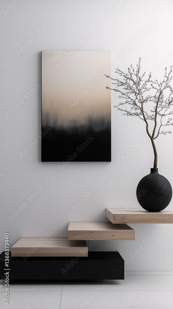 Minimalist artwork and spherical vase on floating shelves in a white room. Minimalist artwork and spherical vase on floating shelves in a white room.