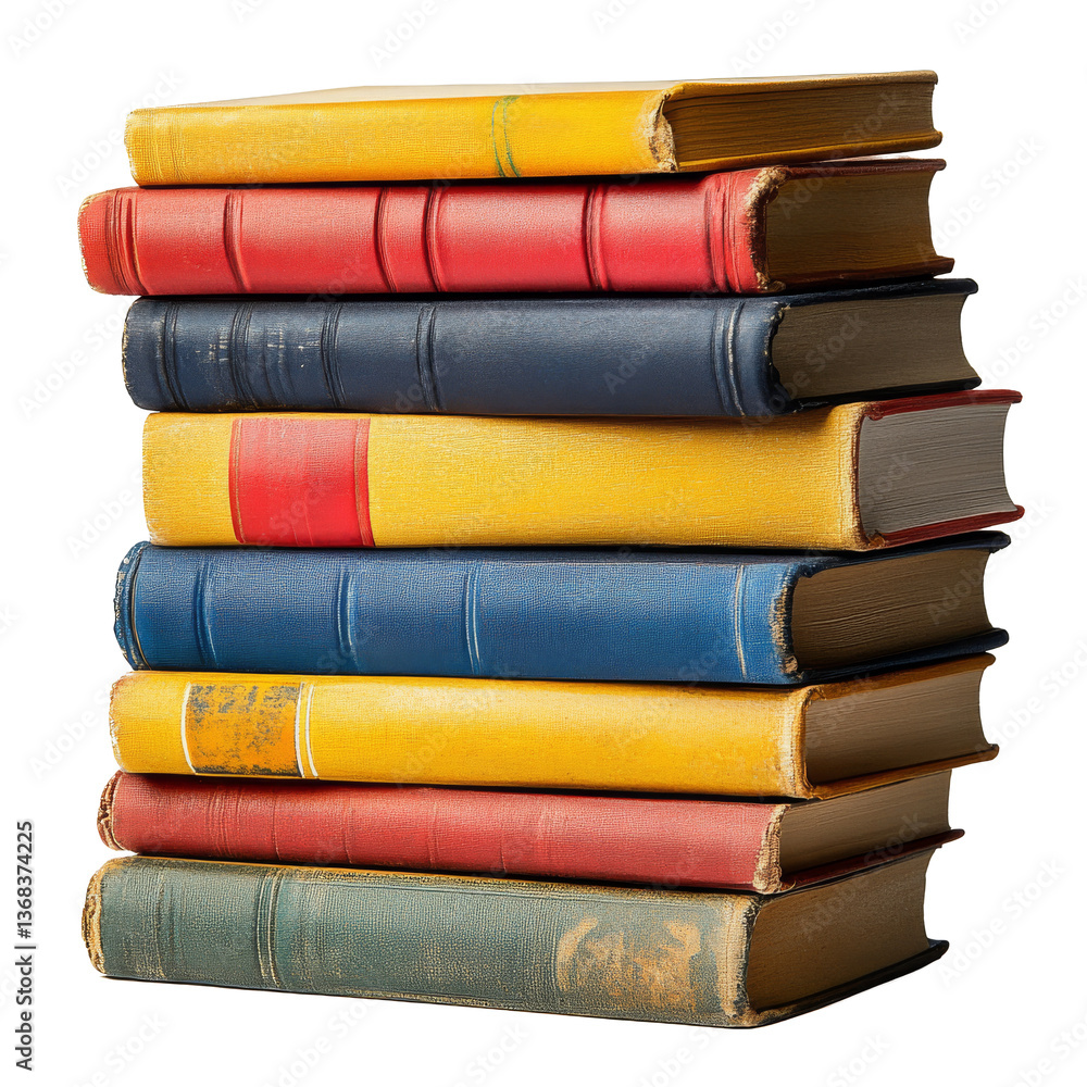Stack of vintage books arranged neatly with colorful bindings on a white surface