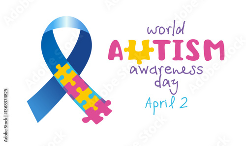 2nd of April event invitation, network poster for Autism awareness day. Creative symbol of blue ribbon loop with coloured puzzles. Medical or educational background. Artistic design. Gift card idea