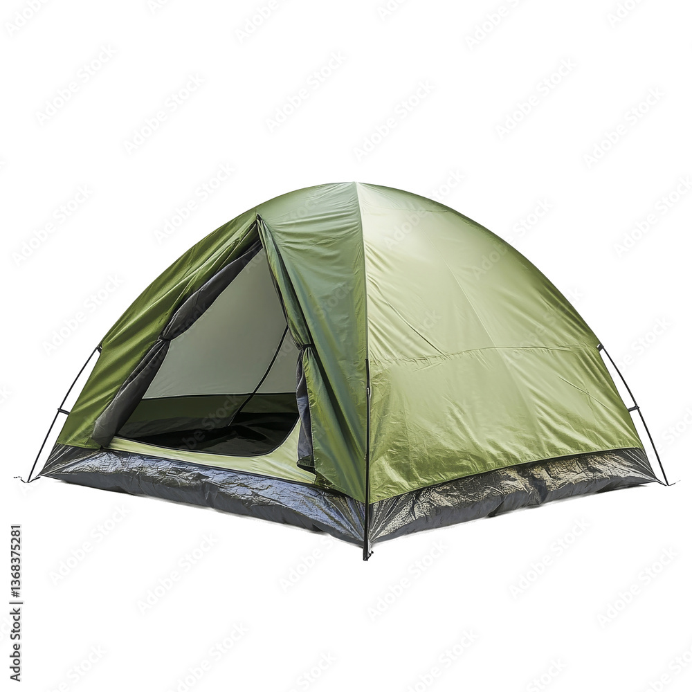 Compact green camping tent set up in a natural outdoor location during daylight