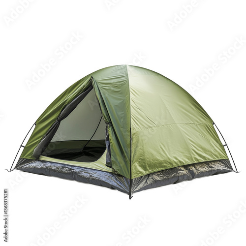 Compact green camping tent set up in a natural outdoor location during daylight