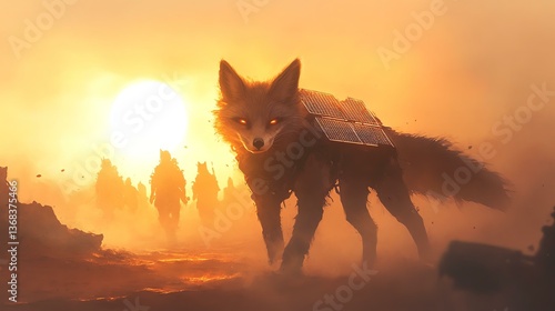 Dystopian Cyber Fox Art - Solar-Paneled Desert Fox in Apocalypse - Sci-Fi Animal Illustration