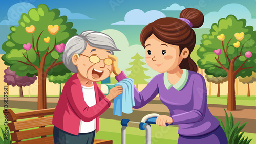  daughter using wet wiping face for her senior mother,caring woman wipe sweat for elderly people by tissue paper while walking with walker in outdoor at park,support care clean sweat on skin fac