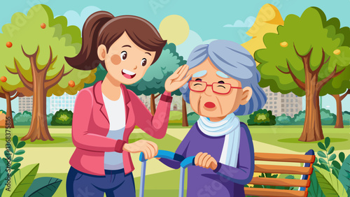  daughter using wet wiping face for her senior mother,caring woman wipe sweat for elderly people by tissue paper while walking with walker in outdoor at park,support care clean sweat on skin fac
