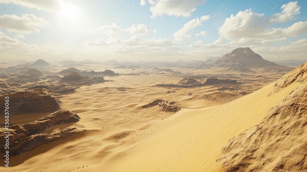 A breathtaking view of the Egyptian desert with golden sand dunes stretching endlessly under the bright sun A breathtaking view of the Egyptian desert with golden sand dunes stretching endlessly under the bright sun