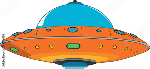 UFO cartoon illustration. Alien spaceship, unidentified flying object in shape of disk with glass dome and lights elements. Cartoon vector set