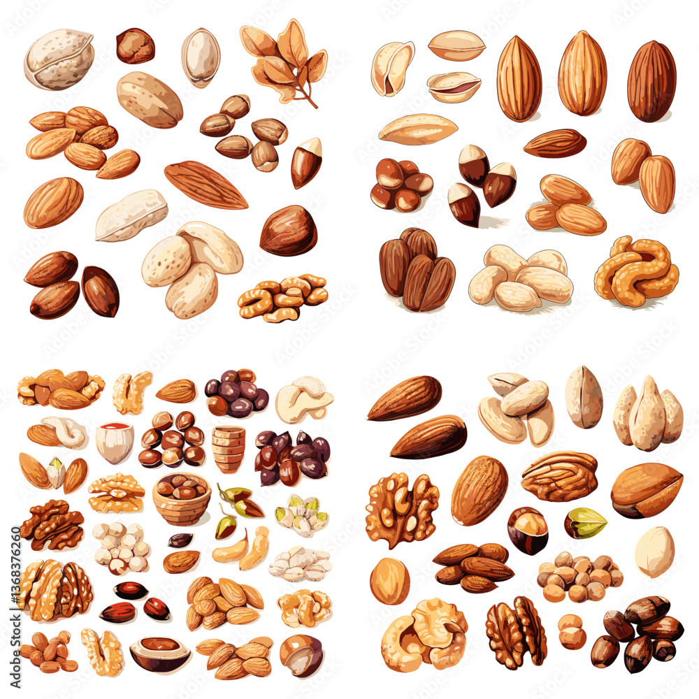 Collection of assorted nuts including almonds, walnuts, cashews, pistachios, and more in various forms, perfect for healthy food, nutrition, snacks, and natural ingredient visuals.
Collection of assorted nuts including almonds, walnuts, cashews, pistachios, and more in various forms, perfect for healthy food, nutrition, snacks, and natural ingredient visuals.
