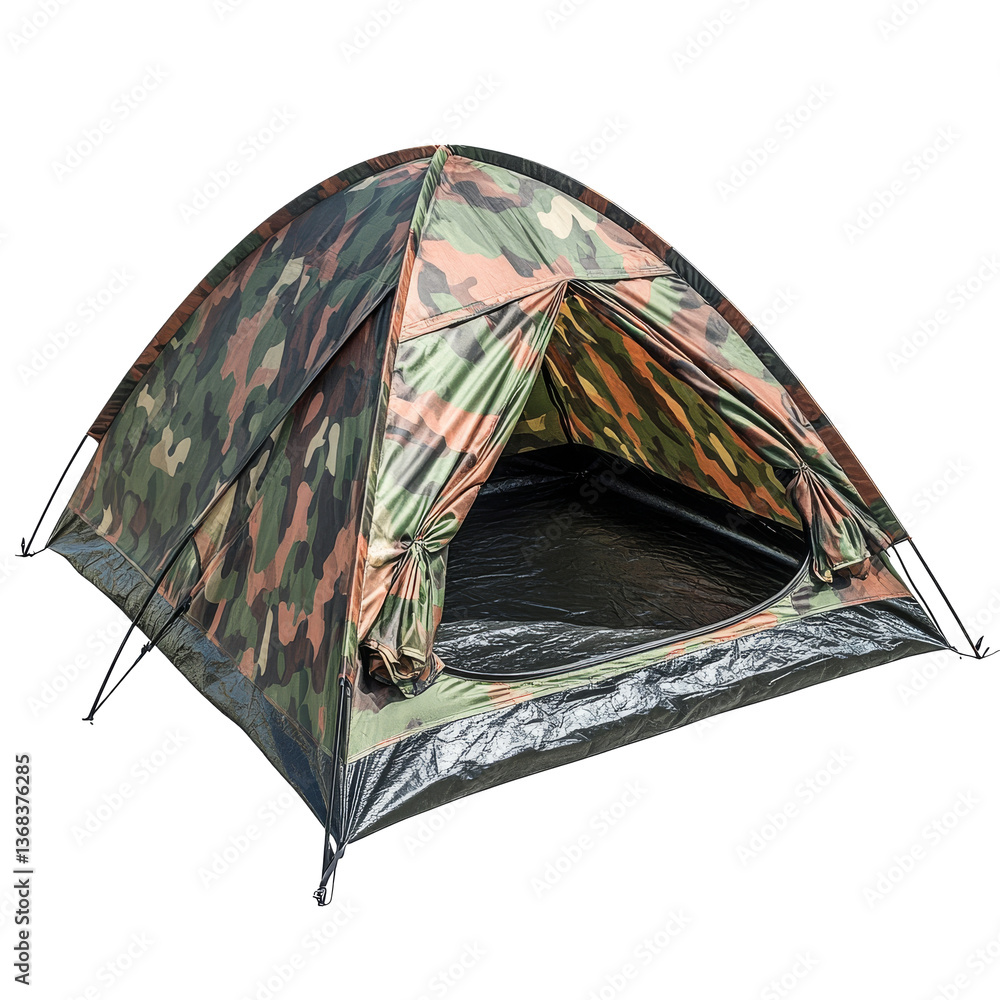 Camo tent set up for outdoor camping in a natural environment during daylight hours