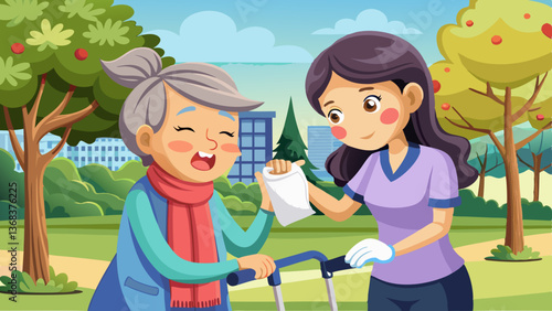  daughter using wet wiping face for her senior mother,caring woman wipe sweat for elderly people by tissue paper while walking with walker in outdoor at park,support care clean sweat on skin fac