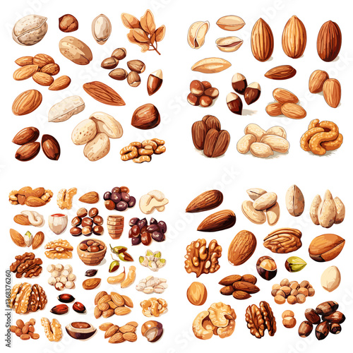 Collection of assorted nuts including almonds, walnuts, cashews, pistachios, and more in various forms, perfect for healthy food, nutrition, snacks, and natural ingredient visuals.


