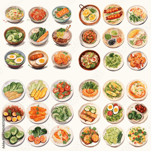 Top view of assorted healthy meals in bowls and plates, featuring vegetables, eggs, noodles, fish, and salads, perfect for nutrition, cooking, and clean eating illustrations