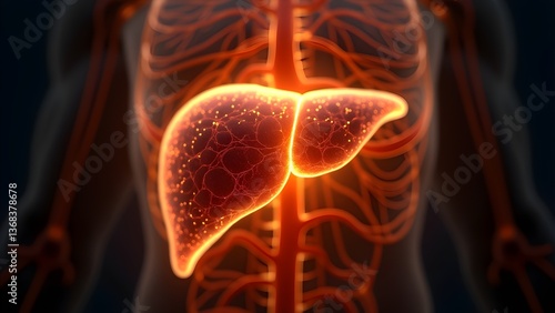 Anatomical Illustration of Liver Anatomy with Blood Vessels and Human Torso