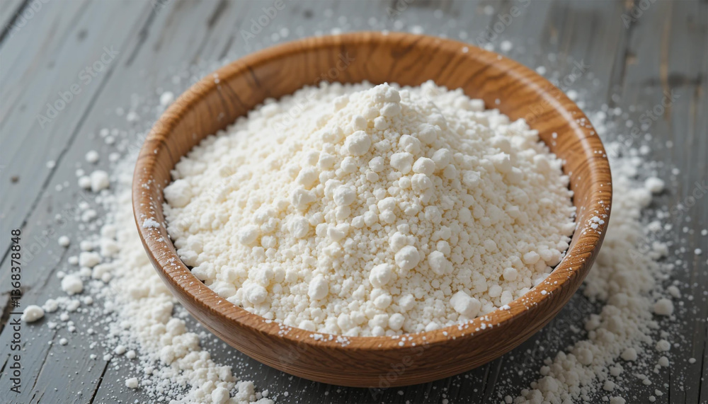 A mound of freshly milled flour rests in a rustic wooden bowl, ready for baking, showcasing its fine texture and purity against a simple gray background. A mound of freshly milled flour rests in a rustic wooden bowl, ready for baking, showcasing its fine texture and purity against a simple gray background.