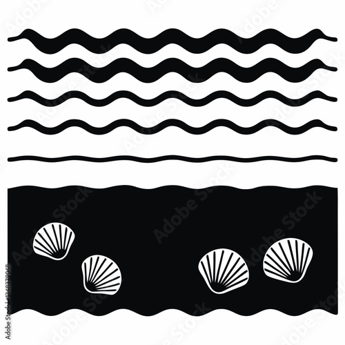 Shells on the seabed under waves in abstract minimal black style