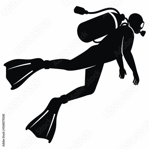 Scuba diver swimming underwater in black silhouette