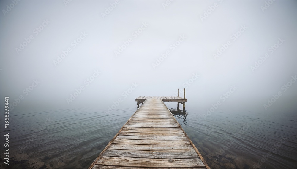 Fototapeta premium Misty Wooden Pier Stretching Over Calm Water 