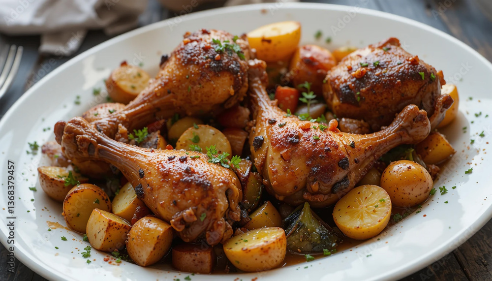 Crispy roasted chicken drumsticks and potatoes, a hearty autumnal feast with warm lighting and a rustic feel. Crispy roasted chicken drumsticks and potatoes, a hearty autumnal feast with warm lighting and a rustic feel.
