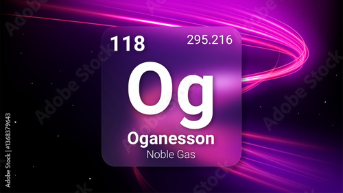 Oganesson (Og) (118) Noble Gas, Glass Morphism Element Futuristic Neon Light Glow Background Periodic Table, Chemical Symbol, Name, Atomic Mass, Atomic Number, Vector Illustration