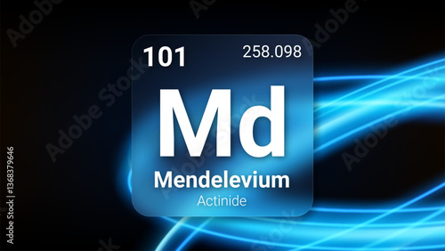 Mendelevium (Md) (101) Actinide, Glass Morphism Element Futuristic Neon Light Glow Background Periodic Table, Chemical Symbol, Name, Atomic Mass, Atomic Number, Vector Illustration