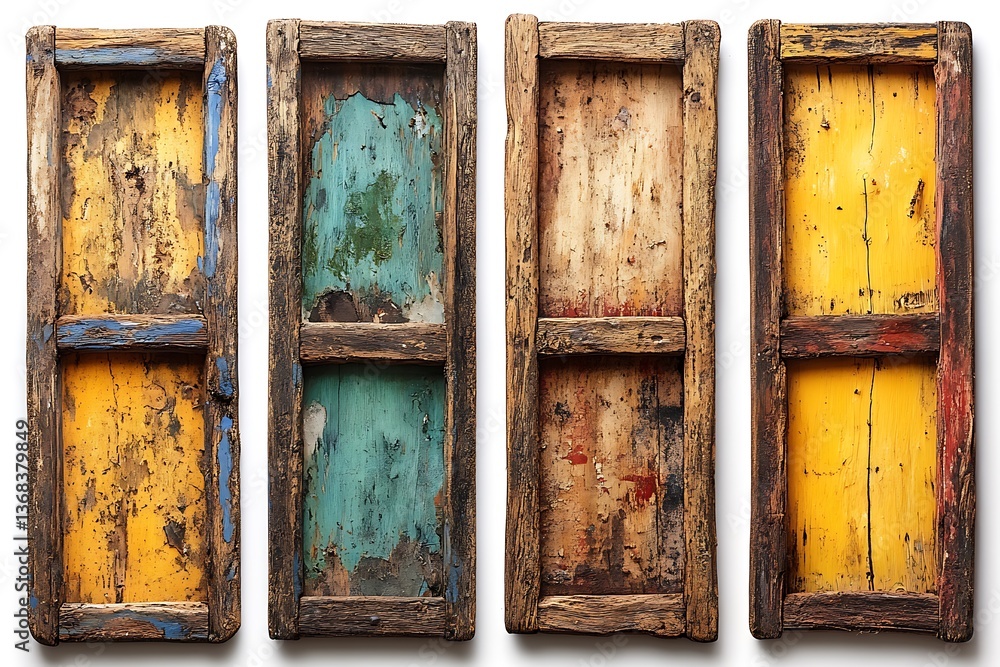 Naklejka premium Four weathered wooden panels displaying layers of aged paint and texture