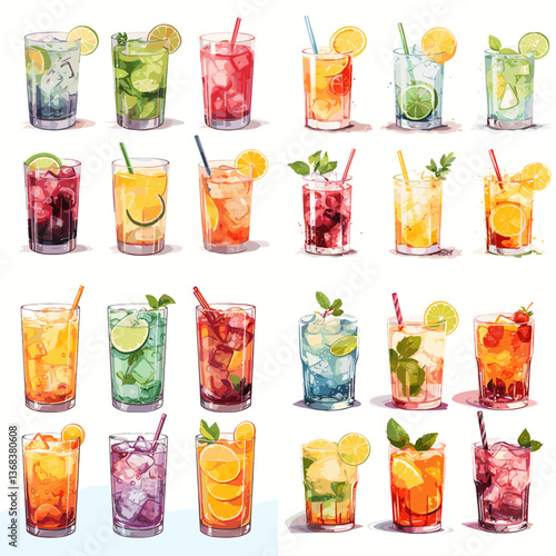 Watercolor collection of colorful summer drinks with citrus, berries, mint, and ice in tall glasses. Ideal for menu design, beverage branding, cocktail illustrations, and cafe themes.

