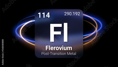 Flerovium (Fl) (114) Post Transition Metal, Glass Morphism Element Futuristic Neon Light Glow Background Periodic Table, Chemical Symbol, Name, Atomic Mass, Atomic Number, Vector Illustration