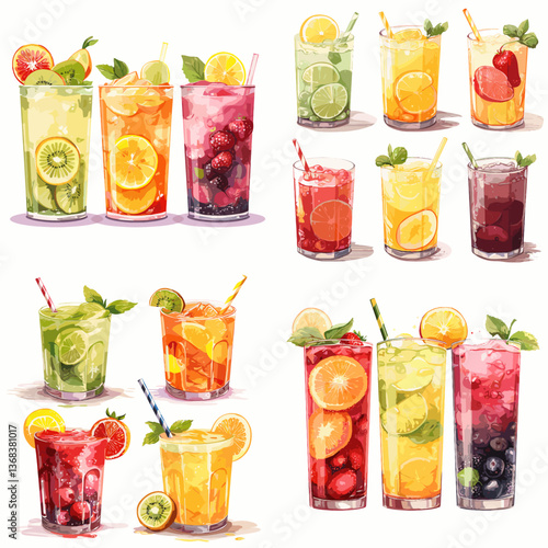 Watercolor fruit drinks in tall glasses with lemon, kiwi, berries, and mint. Ideal for summer menus, healthy lifestyle designs, juice bar branding, and refreshing beverage concepts.

