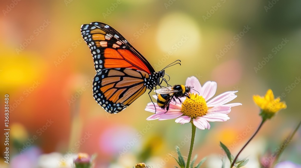 A butterfly and a bee sharing a flower, showcasing the beauty of nature's harmony A butterfly and a bee sharing a flower, showcasing the beauty of nature's harmony