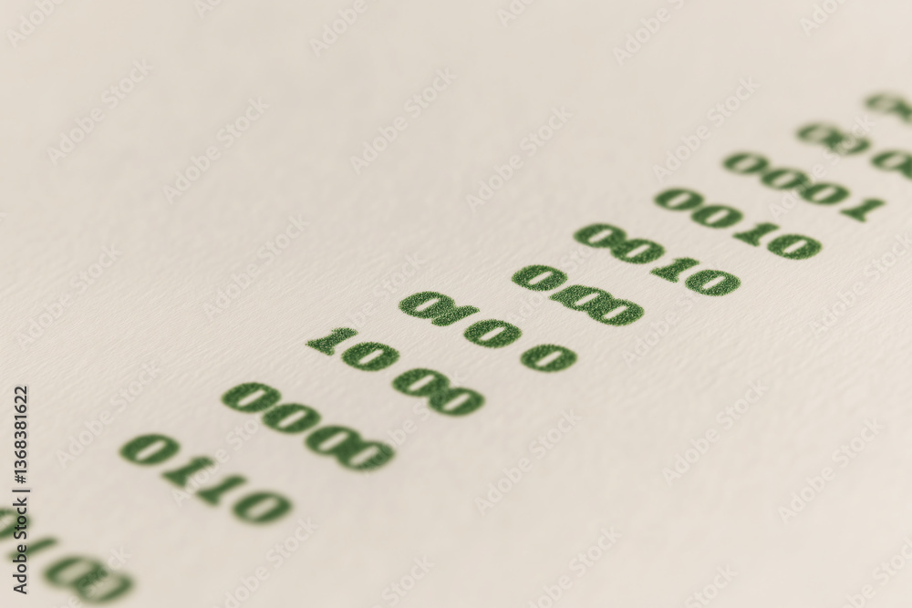 Digital Binary Code Sequence: A close-up shot of binary code printed on a paper, symbolizing data, information, and technology. Digital Binary Code Sequence: A close-up shot of binary code printed on a paper, symbolizing data, information, and technology.