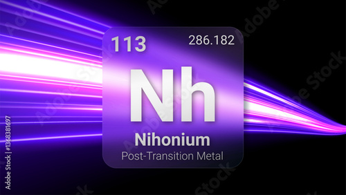 Nihonium (Nh) (113) Post Transition Metal, Glass Morphism Element Futuristic Neon Light Glow Background Periodic Table, Chemical Symbol, Name, Atomic Mass, Atomic Number, Vector Illustration