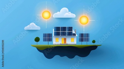 Floating house with solar panels glowing under a digital sun