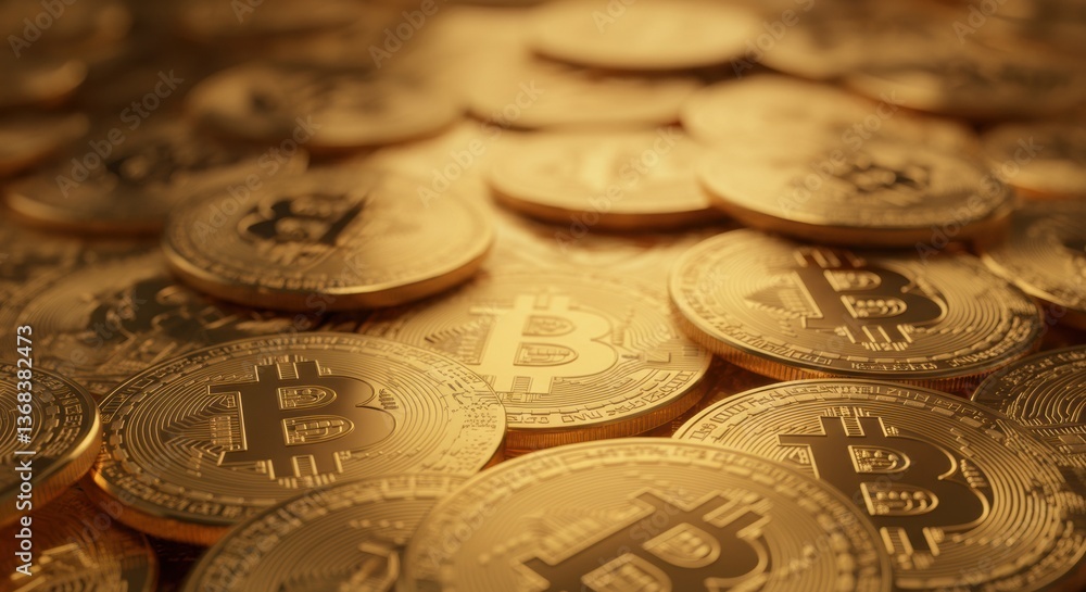 Pile of shiny gold Bitcoin coins stacked together, symbolizing cryptocurrency wealth Pile of shiny gold Bitcoin coins stacked together, symbolizing cryptocurrency wealth