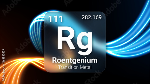 Roentgenium (Rg) (111) Transition Metal, Glass Morphism Element Futuristic Neon Light Glow Background Periodic Table, Chemical Symbol, Name, Atomic Mass, Atomic Number, Vector Illustration